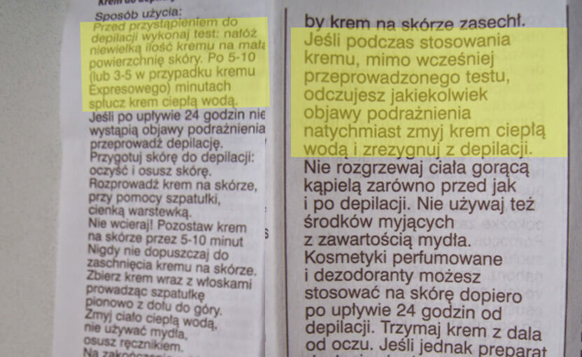 Fragment ulotki kremu do depilacji mówiący o konieczności zrobienia testu alergicznego